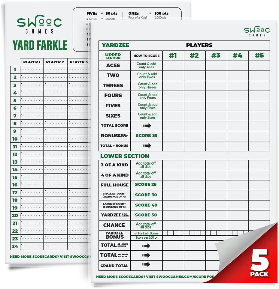 SWOOC Games® - 5 grandes cartes de pointage en Yardzee et Farkle de qualité supérieure (11,5 po x 8 po) avec règles - grand tampon à sec réutilisable pour les dés extérieurs géants