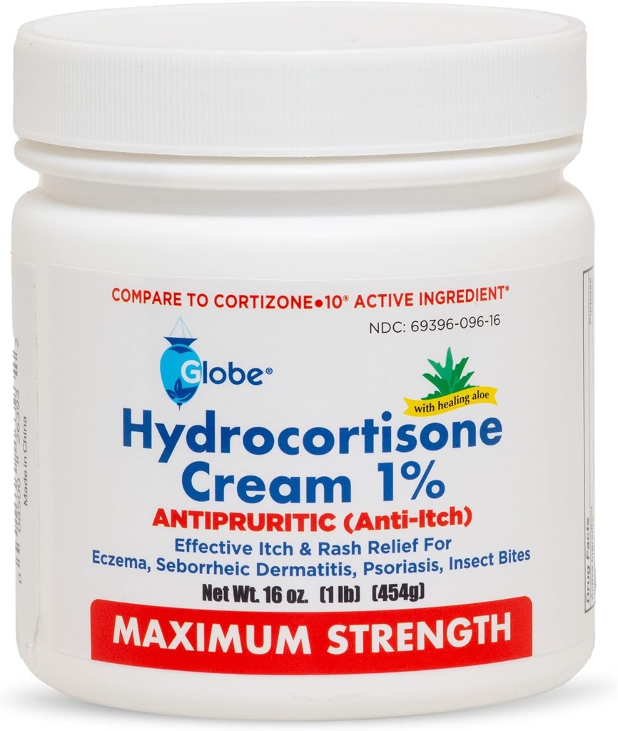Globe Hydrocortisone Maximum Strength Cream 1% w/Aloe, 16 oz, Anti-Itch Cream for Redness, Swelling, Itching, Rash, Bug/Mosquito Bites, Eczema, Hemorrhoids & More, 16 oz Jar