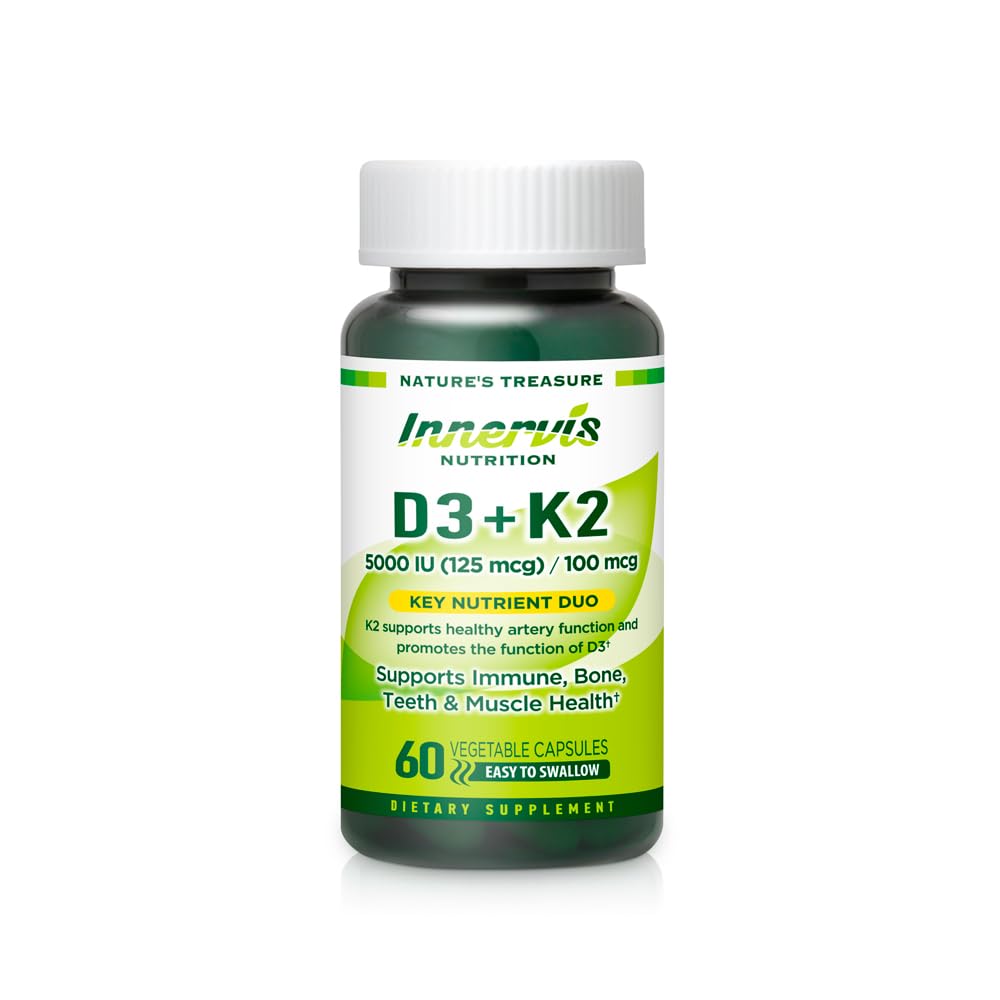 Vitamine D3 5000 UI + K2 MK-7 100mcg – Soutien osseux, cardiaque et immunitaire, facile à avaler, 60 Capsules