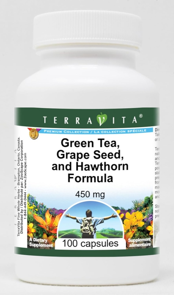 Support haute pression artérielle - Thé vert, Graine de raisin et Hawthorn - 450 mg (100 capsules, ZIN: 517080) - 3 boîtes
