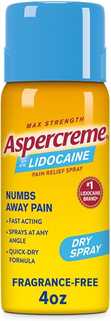 Aspercreme Lidocaine Dry Spray Soothes Aggravated Nerves, Numbing Topical Pain Relief Spray with Max-Strength 4% Lidocaine Sprays at Any Angle, 4 Oz.