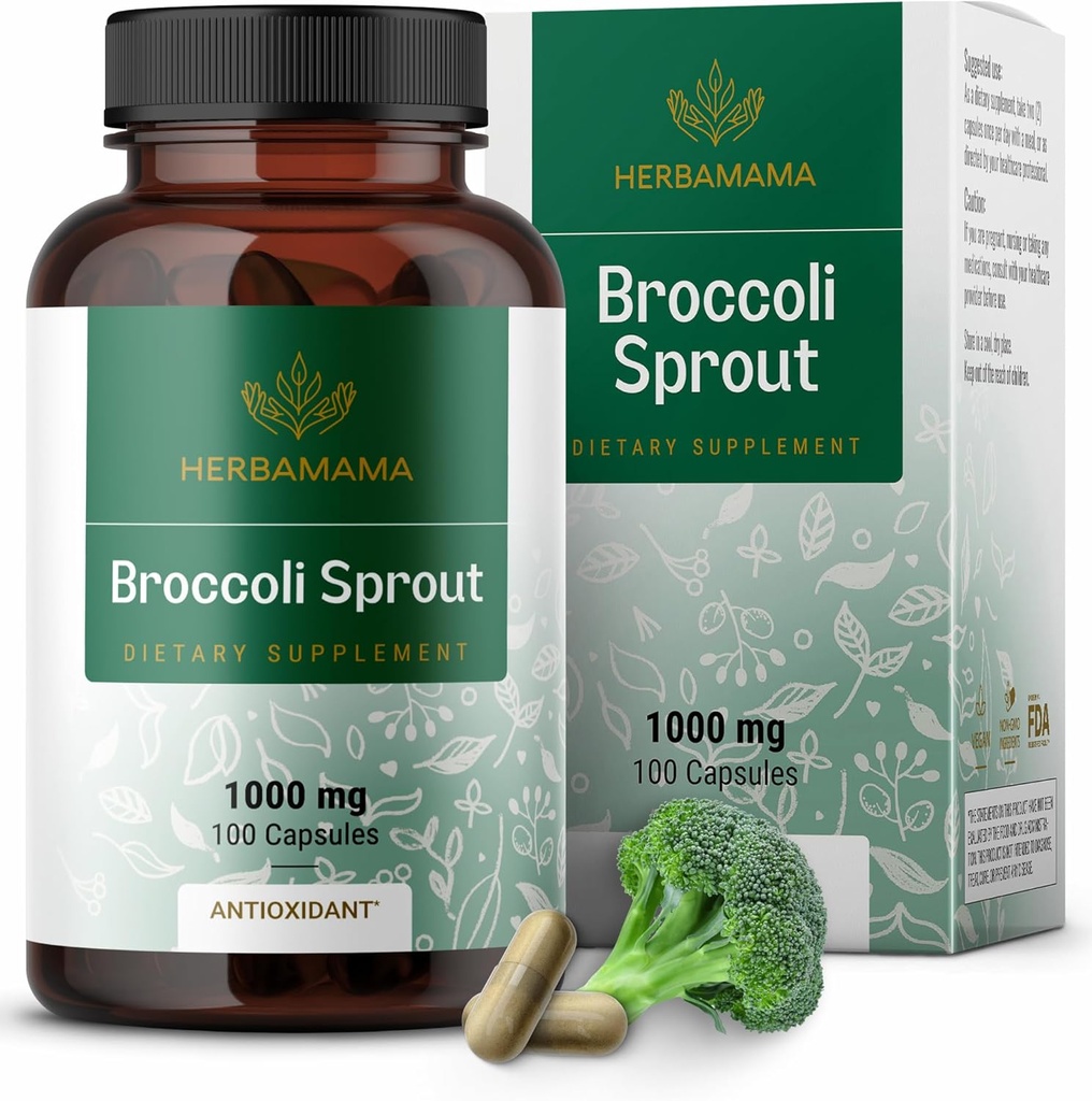 HerbAMAMA Brocoli Sprouts Capsules - 1000mg Brocoli Sprout Extract pour le soutien antioxydant et immunitaire - Vegan, Suppléments Sulforaphane non OGM, 100 capsules