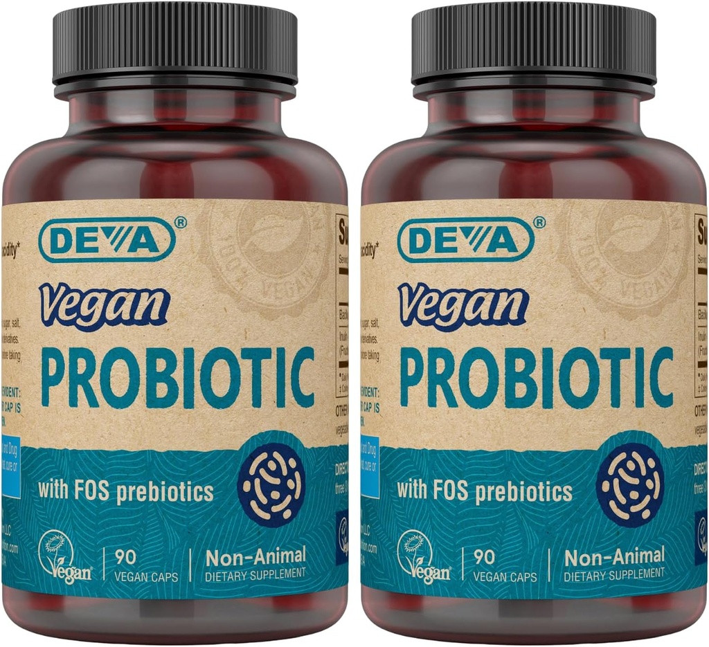 DEVA Probiotique végétalien avec supplément de prébiotiques FOS - 2 milliards CFU avec 100 MG de prébiotiques par service pour les hommes et les femmes - sans gluten non laitiers - naturellement Stable - 90 capsules (paquet de 2)