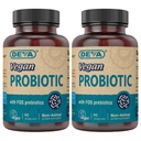 DEVA Probiotique végétalien avec supplément de prébiotiques FOS - 2 milliards CFU avec 100 MG de prébiotiques par portion pour les hommes et les femmes - Sans gluten non laitiers - Stable naturellement - 90 capsules (paquet de 2)