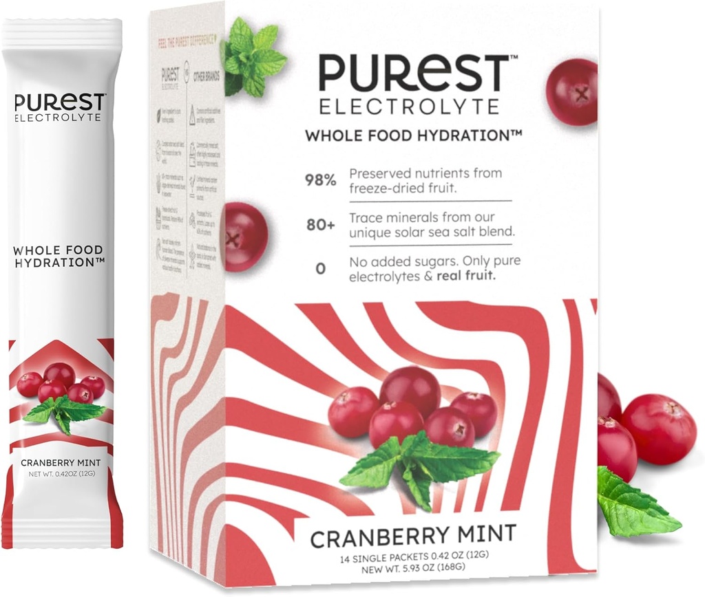 Connaître Brainer Nouveau ! Purest Electrolyte Cranberry Powder Packets – Hydratation des aliments entiers - Fruits séchés au gel biologique et sels de mer solaires pour un équilibre électrolytique ultime