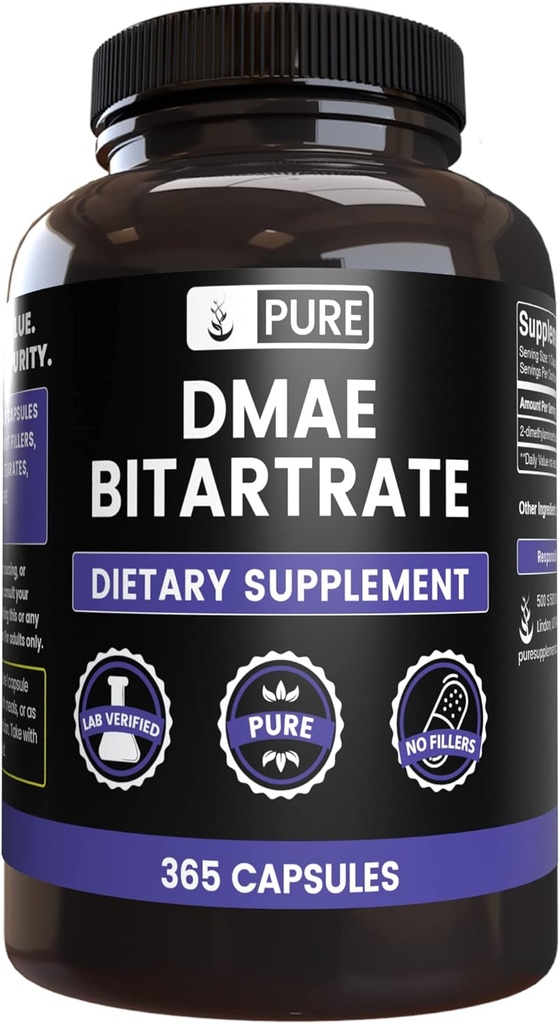 Ingrédients originaux purs Bitartrate DMAE (365 Capsules) Pas de Magnésium ou de Rice Filters, Toujours Pure, Verified Lab