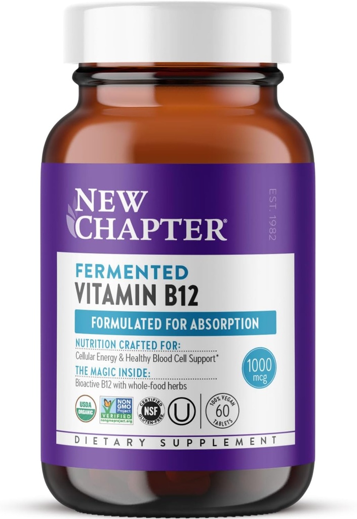 New Chapter Fermented Vitamin B12 1,000 mcg, USDA Organic, ONE Daily for Cellular Energy + Healthy Blood Cells, Certified Vegan, Gluten Free - 60 Count