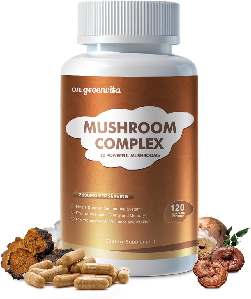 Complément complexe de champignons 2600mg, 120 Capsules - 10 Mélange de champignons - Reishi, Lions Mane, Cordyceps, Chaga, Turquie Tail, Maitake, Shiitake, Oyster Nootropic Complex - Cerveau, Énergie, Pills Focus