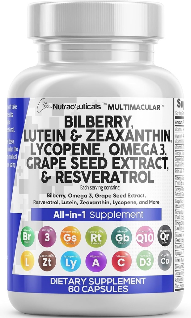 Vitamines Nutra propres avec Lutéine de Bilberry et Suppléments Zeaxanthin Lycopène 40mg Resvératrol Graine de raisin Astaxanthine pour les yeux - Soins des yeux Santé Soutien Vitamine oculaire et supplément minéral