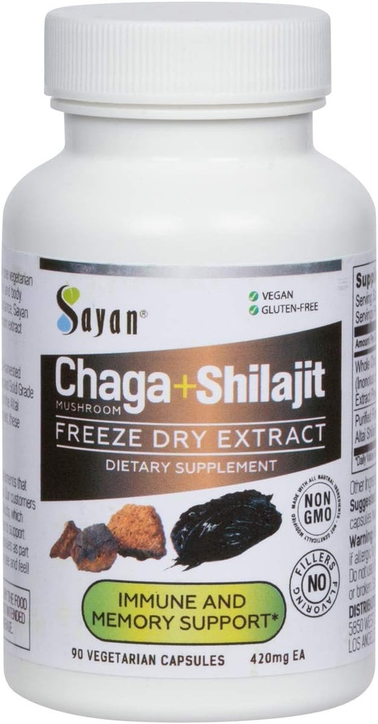 Sayan Sibérien Chaga Extrait de Champignon avec Shilajit 90 Capsules/420mg ea.– Immune et support du système de digestion – Supplément acide fulvic – Énergie et clarté – Mélange exclusif – Pas de remplissage