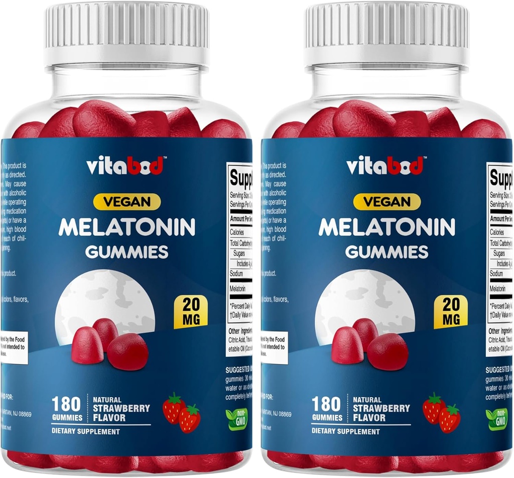 Melatonin 20mg Gummies - 180 Count - Drug Free - Natural Strawberry Flavor - Vegetarian, Non-GMO, Gluten Free (2 Bottles)