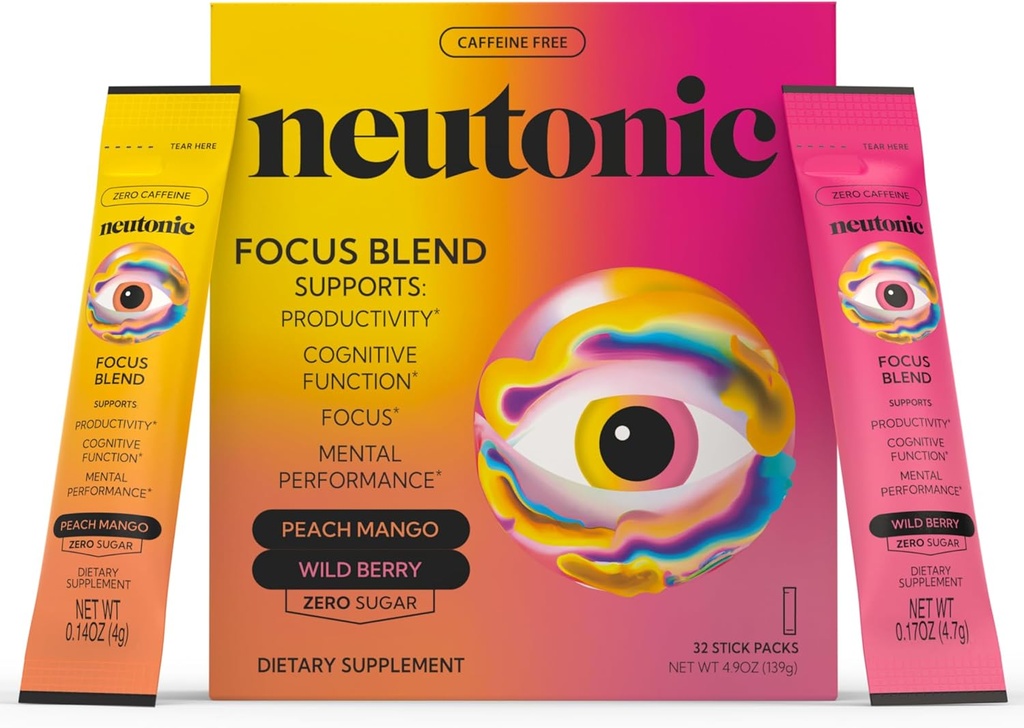 Neutonic Nootropic Focus Blend Poudre de Poire Mango & Berry Sauvage 32 bâtons de caféine, Zéro sucre Soutien Mémoire, Clarté mentale, Fonction cognitive