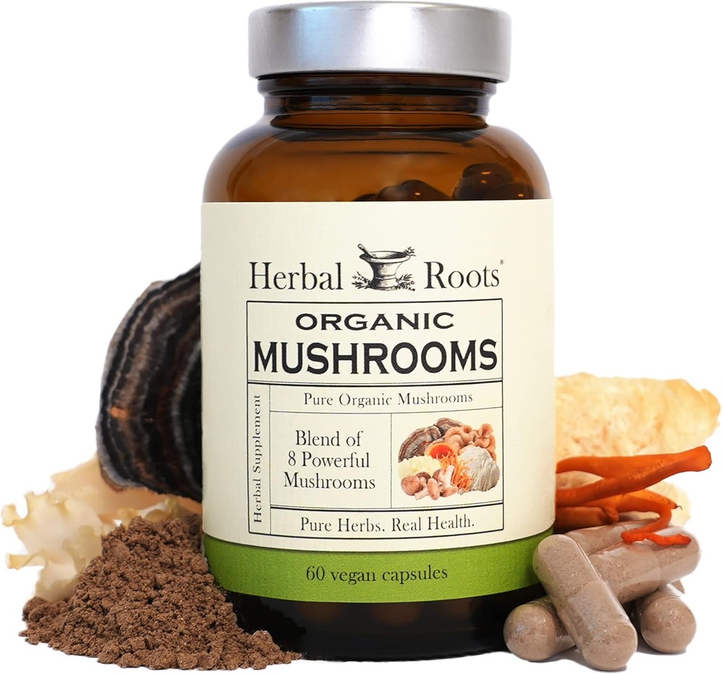 Herbal Roots Organic 8 Mushroom Mix Supplément Capsules - Extraits de corps 100% Fruits - Bien-être et immunité - 60 Capsules Vegan