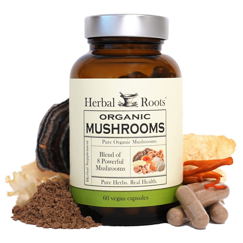 Herbal Roots Organic 8 Mushroom Mix Supplément Capsules - Extraits de corps 100% Fruits - Bien-être et immunité - 60 Capsules Vegan