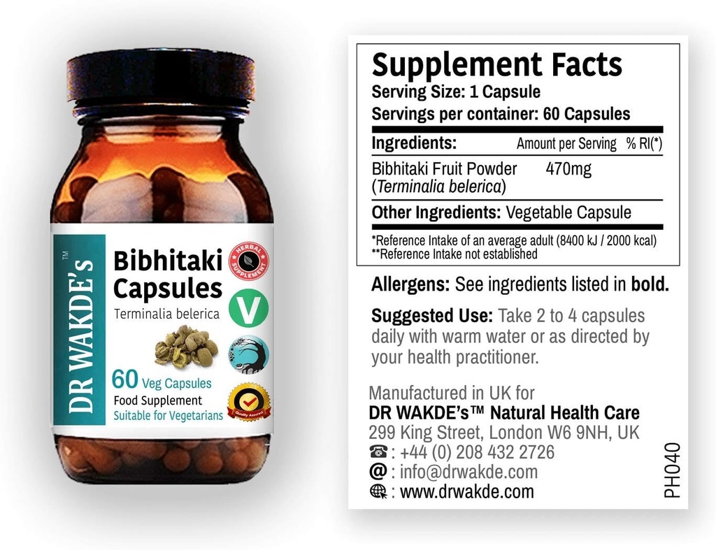 DR WAKDE'S Bibhitaki Capsules (Beheda, Terminalia belerica, 60 capsules de légumes, supplément à base de plantes, ayurvédique, tous naturels, végétaliens)