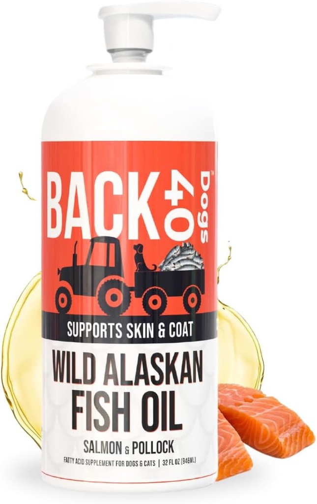 BACK 40 Chiens Huile de poisson sauvage de l'Alaska pour chiens, peau et manteau Supplément pour chiens et chats, Omega-3-Rich Salmon and Pollock Oil, EPA & DHA Huile de saumon pour chiens pour cerveau, coeur et articulations 32 fl oz