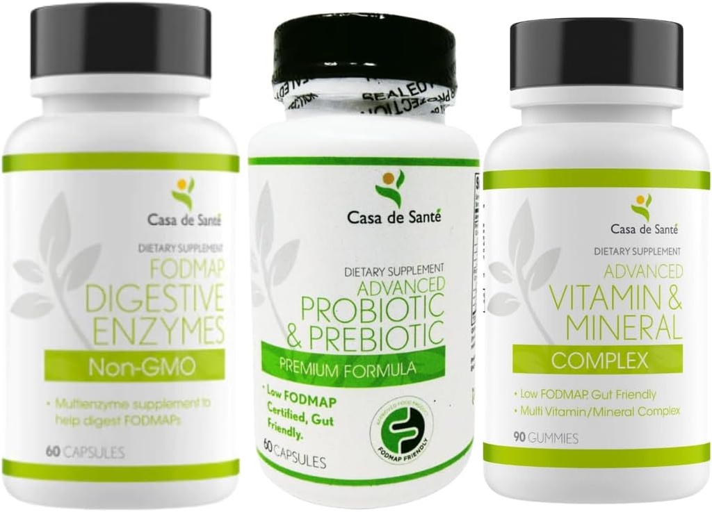 Casa de Sante Synbiotique probiotique et prébiotique, complexe de vitamines et minéraux avancé Gommies et enzymes digestives FODMAP, non OGM Faible certifié FODMAP Ensemble