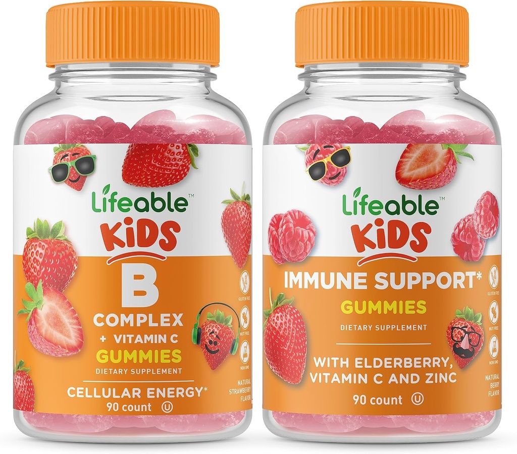Lifeable B Complexe Kids + Immune Support Kids, Gummies Bundle - Grande dégustation, supplément de vitamine, sans gluten, sans OGM, gummy à croquer