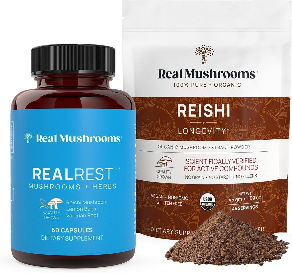 Véritables champignons RealRest (60ct) Capsules et Reishi Poudre de champignons (45 portions) Bundle - Supplément de champignons pour la longévité, le soutien immunitaire quotidien, l'amélioration du sommeil et de la relaxation - végétalien, non-OGM