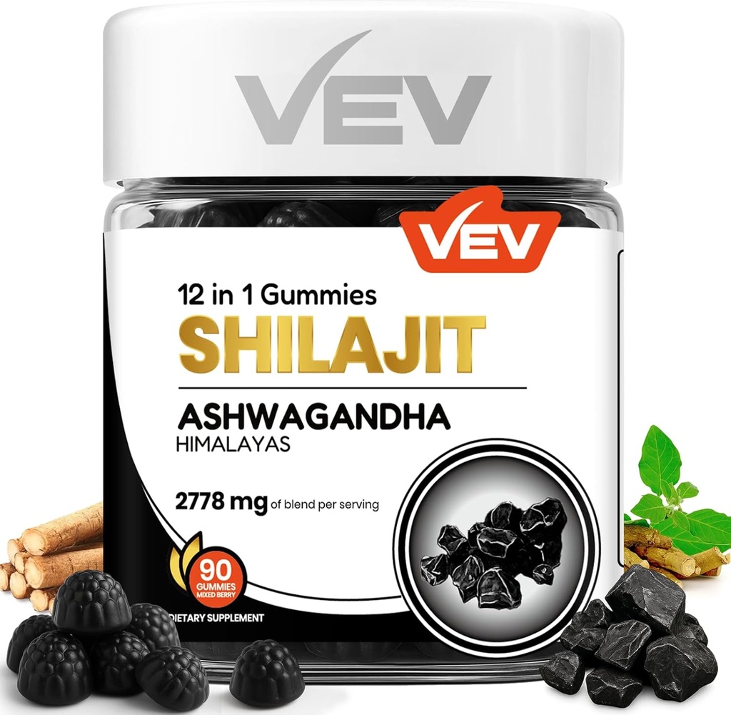 VEV Shilajit Gummies pour les hommes et les femmes $ 1000mg Shilajit & Ashwagandha Gummies avec la mousse de mer & L-Theanine pour l'énergie, la vitalité et l'équilibre du stress $ Vegan, Pas de sucre ajouté $ 90 Compte pour le bien-être quotidien