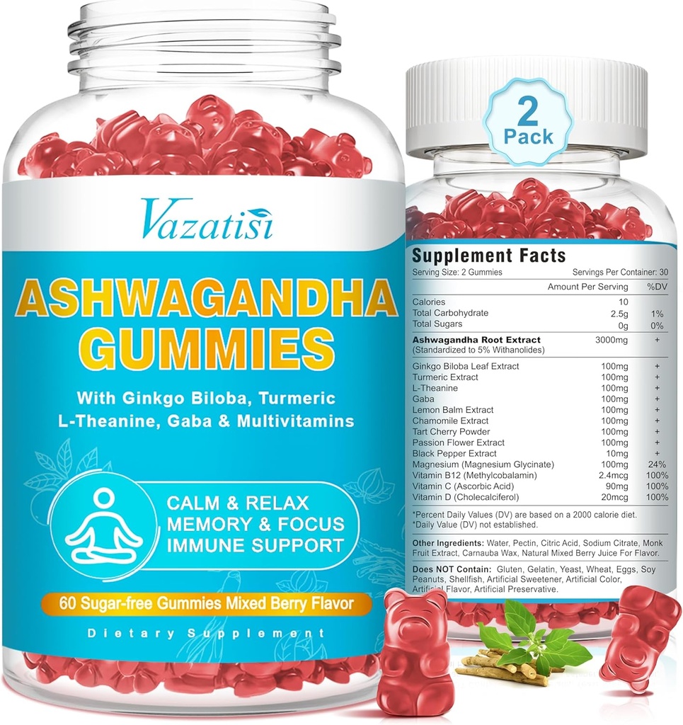 2 Pack Ashwagandha Gummies avec l'énergie d'humeur et le support immunitaire Turmeric GABA, mélange d'arôme de baie 120 Cts
