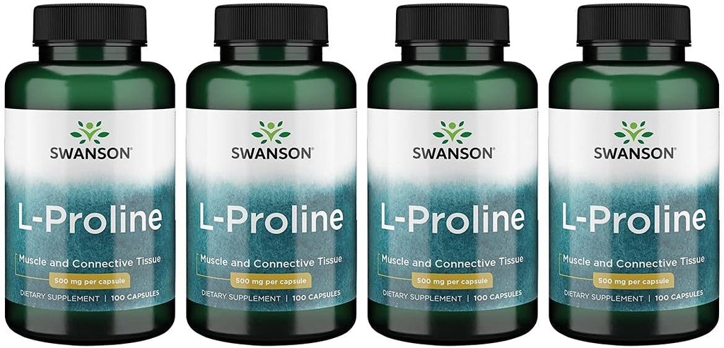 Swanson Amino Acid L-Proline Dietary Supplement Collagen Connective Tissue Support 500 mg 100 Capsules (4 Pack)