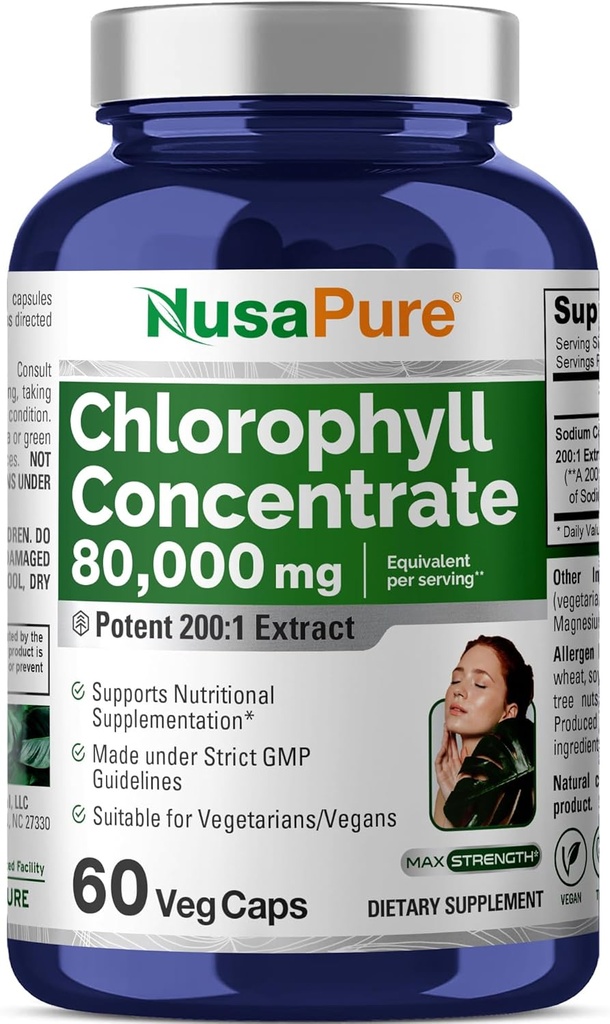 NusaPure Chlorophylle 200:1 Extrait, 400 mg Équivalent à 80 000mg 60 Caps de légumes (Equivalent 80000mg par portion, non OGM, végétalien) Cuivre de sodium Chlorophylline