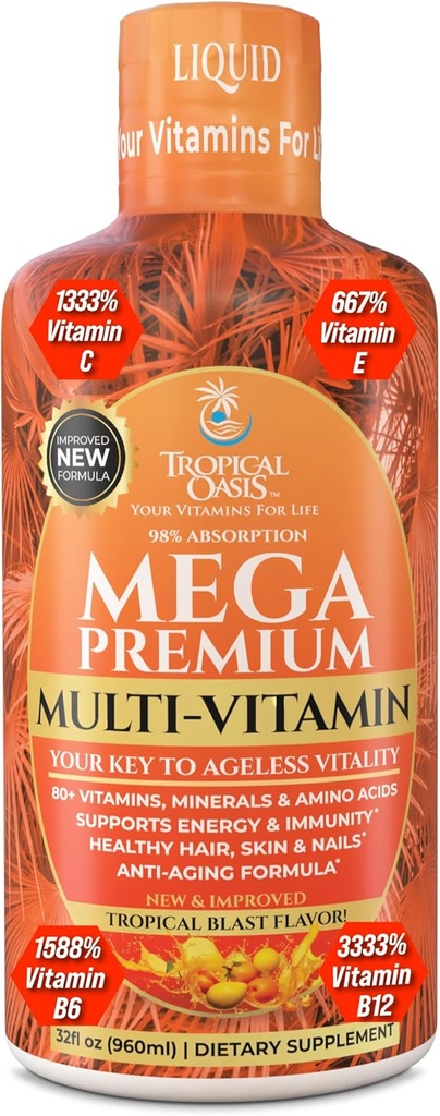 Mega Premium Liquid Multivitamines naturelles Immune Support Vitamine w/ 1333% Vitamine C, 200% D3, Zinc + 20 Vitamines, 70 Minéraux, et 21 Acides Amino