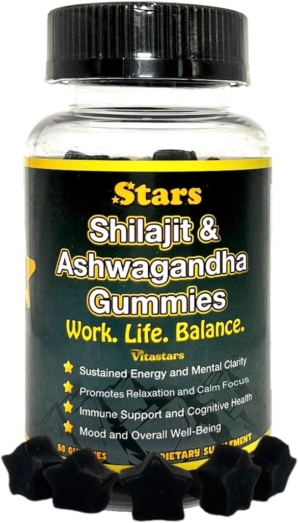 Shilajit Ashwagandha Gummies - Supplément de soutien immunitaire avec résine de Shilajit pure - Gummy d'Ashwagandha biologique pour le stress, l'énergie et le bien-être, 60 Gummes naturels étoilés