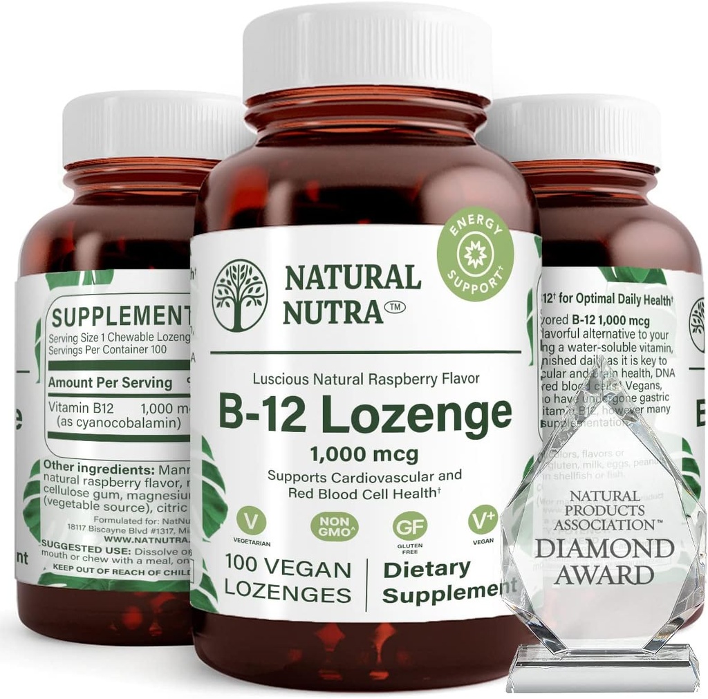 Supplément naturel de vitamine Nutra B12, aide à augmenter les niveaux d'énergie, essentiel pour un système nerveux sain, aide à améliorer l'humeur et la santé mentale, soutient le système cardiovasculaire, 100 Lozenges
