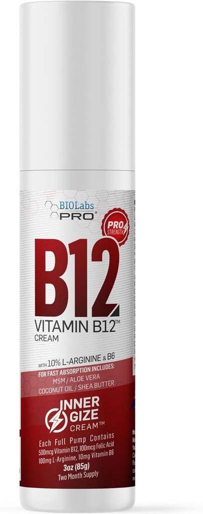 BIOLABS PRO INNERGIZE B12 Cream - All Natural Topical B12 w/B6 & 10% L-Arginine - Advanced Neurological & PreWorkout Support - Professional Grade Methyl B12 - B6