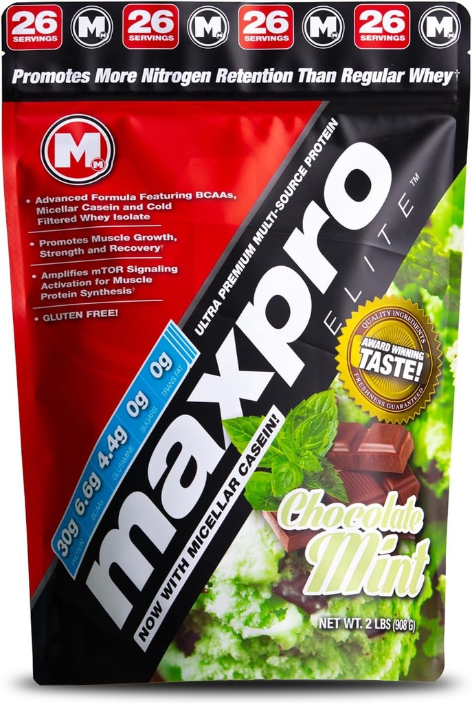 Max Muscle Maxpro Elite $ 30g Protéines $ 6,6g BCAAs $ Caséine Micellaire Filtré à froid Whey Isolate Protein Concentrate $ favorise la croissance, la force et la récupération musculaires (Mint chocolat, 2lb)