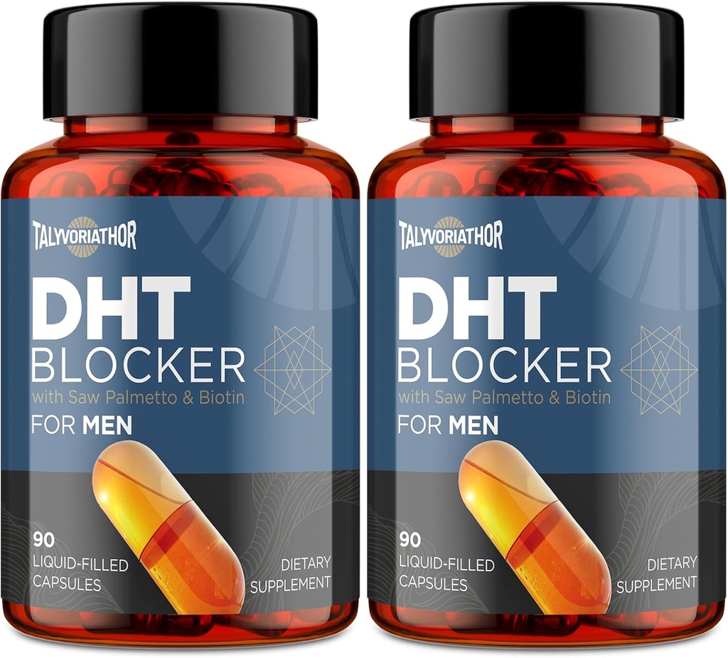 DHT Blocker pour hommes avec Saw Palmetto & Biotin, Formule de croissance des cheveux dans les capsules à remplissage liquide, Suppléments de perte de cheveux, Vitamines de repousse des cheveux, Mélanges à base de plantes propriétaires - 90 capsules(2 bouteille)