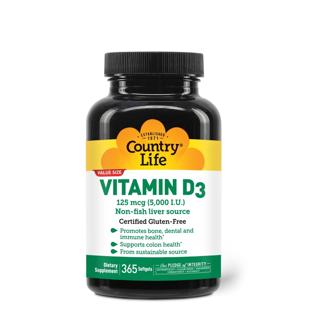 Country Life Vitamine D3 5000 UI – Haute puissance, source non-pois, soutient la santé des os, la fonction immunitaire et l'absorption de calcium – 365 Softgels certifiés sans gluten, approvisionnement à long terme