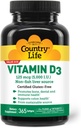 Country Life Vitamine D3 5000 UI – Haute puissance, source non-pois, soutient la santé des os, la fonction immunitaire et l'absorption de calcium – 365 Softgels certifiés sans gluten, approvisionnement à long terme