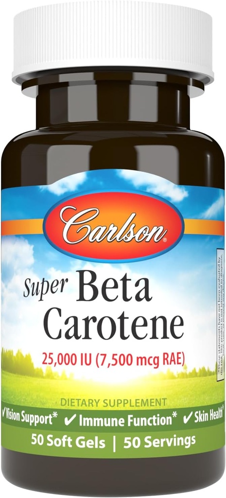 Carlson - Super Beta Carotène, 25000 UI (15 mg), vitamine A comme bêta carotène, forme biodisponible et bioactive, santé de la vision, peau saine, 50 softgels