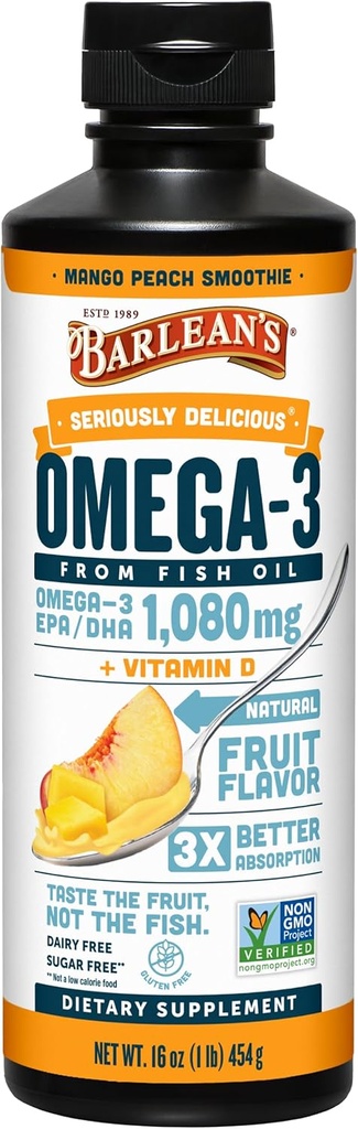 Barlean's Omega 3 supplément liquide d'huile de poisson avec vitamine D pour les hommes et les femmes, Mango Peach, 1080mg EPA et DHA acide gras, 16 oz