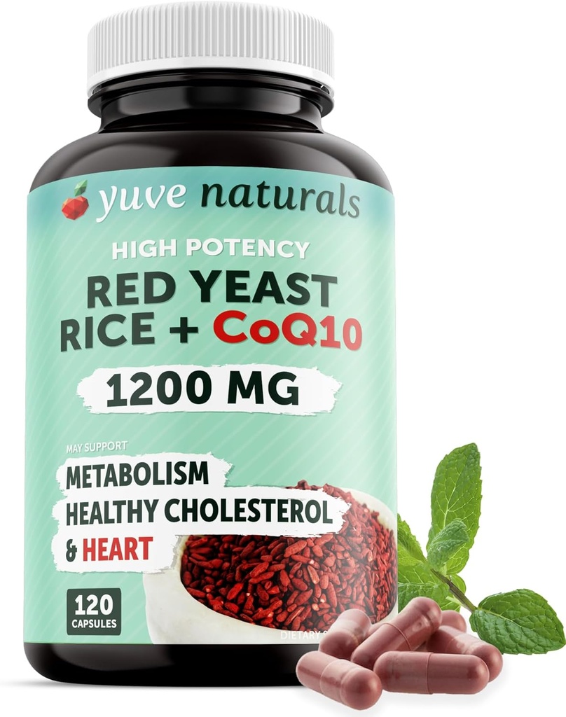 100% Natural Red Yeast Rice 1200 mg with CoQ10 100 mg, 2 in 1, Maintain Healthy Cholesterol Levels - 120 Veggie Capsules