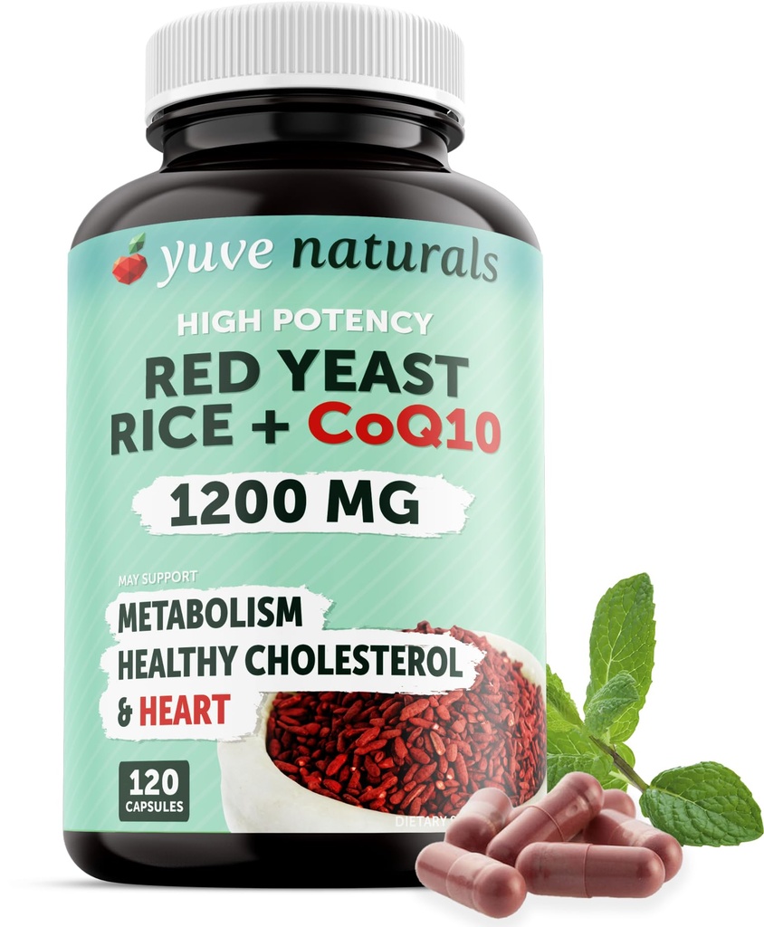 Riz de levure rouge 100% naturel 1200 mg avec CoQ10 100 mg, 2 en 1, maintenir des niveaux de cholestérol sains - 120 Capsules de Veggie