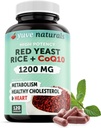 Riz de levure rouge 100% naturel 1200 mg avec CoQ10 100 mg, 2 en 1, maintenir des niveaux de cholestérol sains - 120 Capsules de Veggie