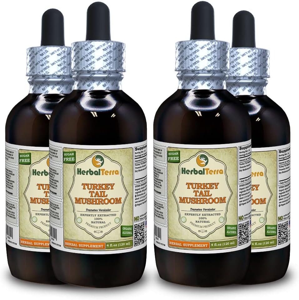 Turkey Tail Mushroom (Trametes Versicolor) Teinture, Extrait liquide de champignons séchés (Marque: HerbalTerra, Fièrement fabriqué aux États-Unis) 4x4 fl.oz (4x120 ml)