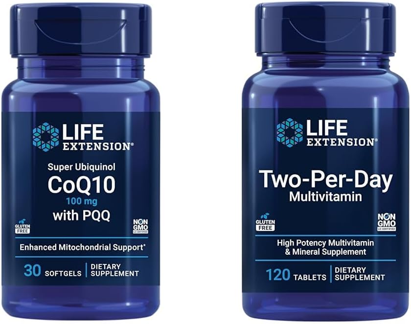 Life Extension Super Ubiquinol CoQ10 100mg 30 Softgels Cellular Energy Support Bundle avec deux-par-jour haute puissance 120 comprimés multivitamine