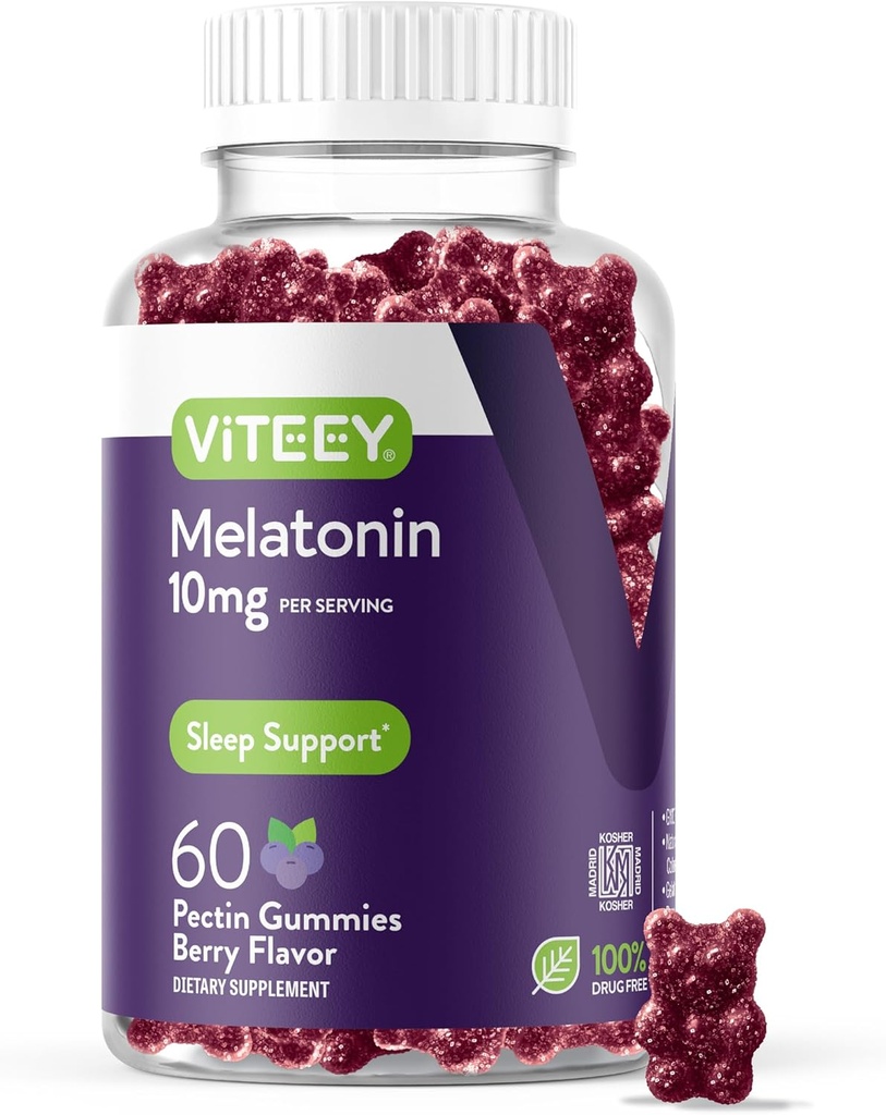 Viteey Mélatonine Gommies 10mg - Gommies de sommeil pour adultes Mélatonine de force supplémentaire - végétalien, sans OGM, sans gluten - 60 Nombre