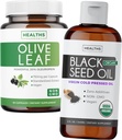 Ensemble d'huile de graines noires extrait de feuilles liquides et d'olive - Immuni Support Synergy Bundle - Huile de graines noires biologique liquide (8 fl oz) et extrait de feuilles d'olive avec supplément oleuropéine immunitaire de 20% (60 Capsule)
