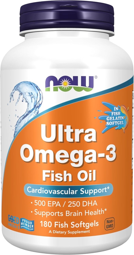 MAINTENANT Compléments alimentaires, Ultra Omega-3, 500 EPA et 250 DHA, support cardiovasculaire*, softgels gélatine à 180 poissons