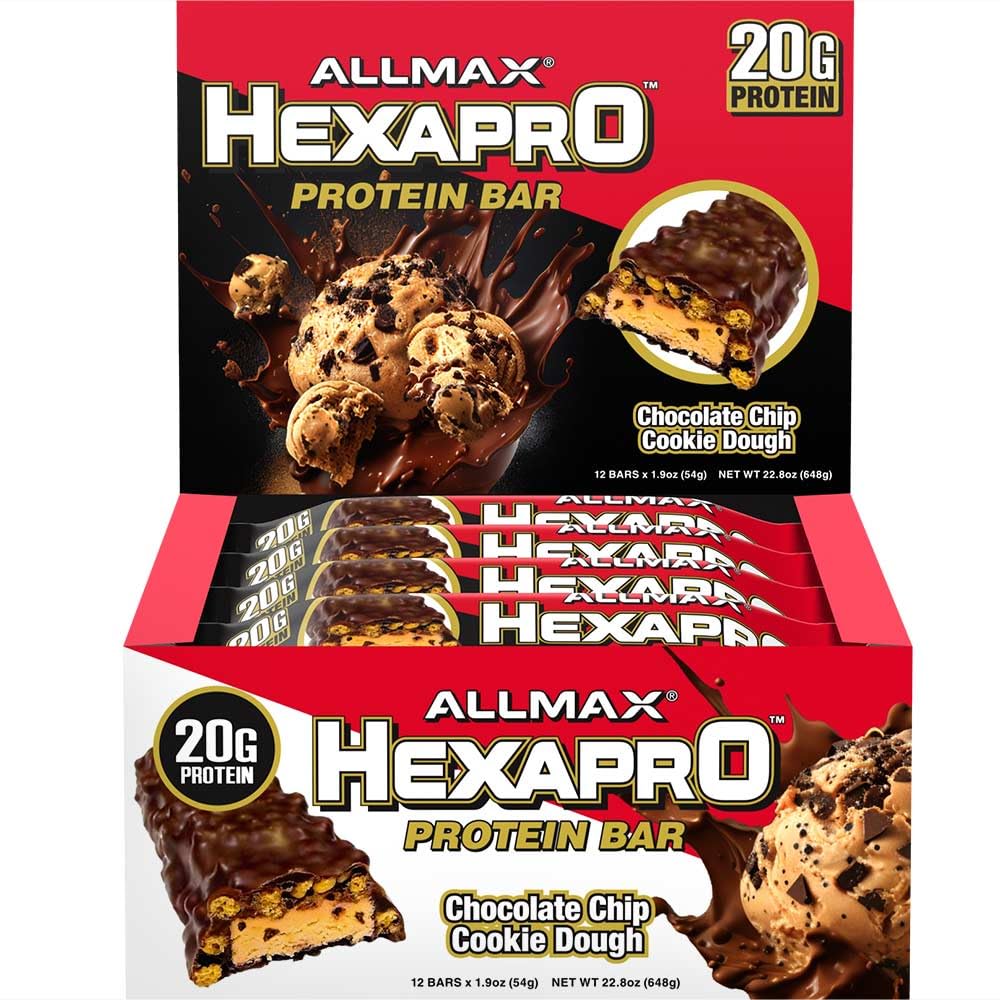 ALLMAX HEXAPRO PROTEIN BAR, Chocolate Chip Cookie Dough - Paquet de 12 - Snack à haute énergie de protéine - 20 g de protéines par bar - avec Isolate de protéines de lactosérum
