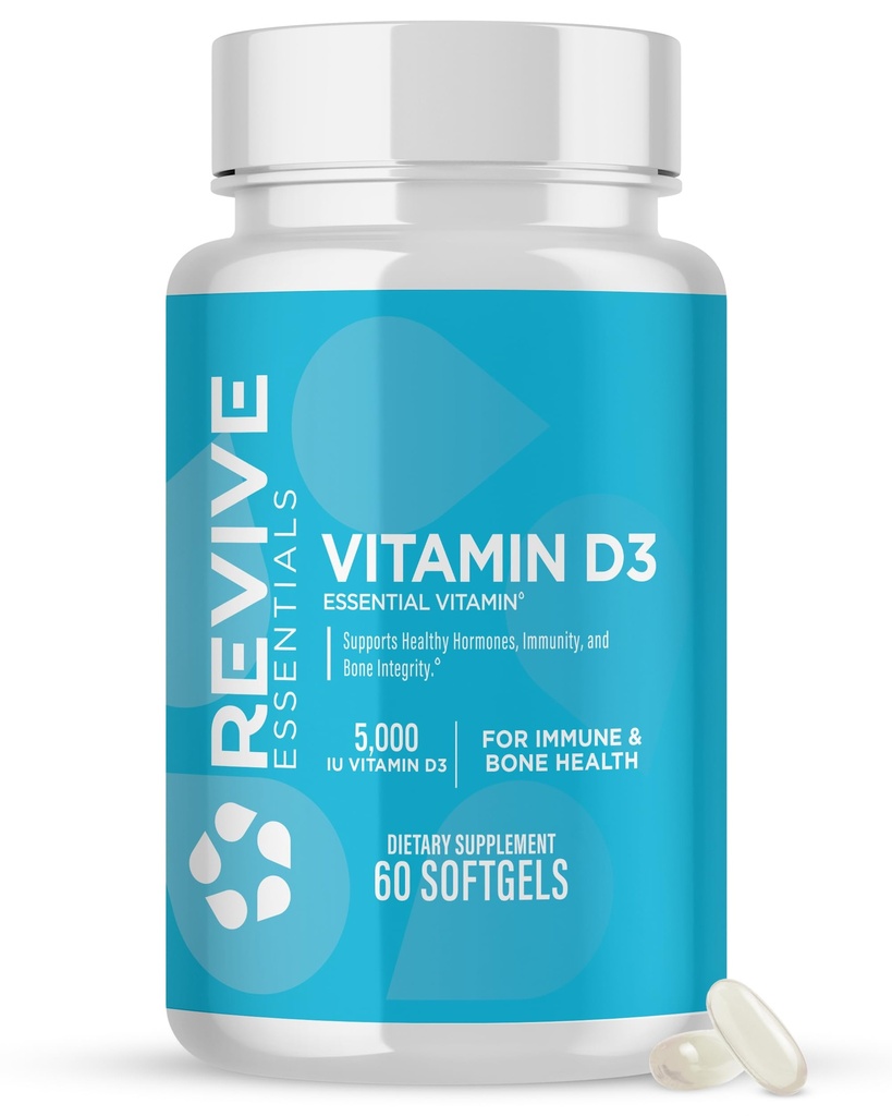Supplément Vitamine D3 de MD revive, 5000 UI - Cholecalciferol de haute puissance pour le support immunitaire, l'absorption de calcium, la santé osseuse et musculaire - Supplément alimentaire non-OGM sans remplissage - 60 Softgels