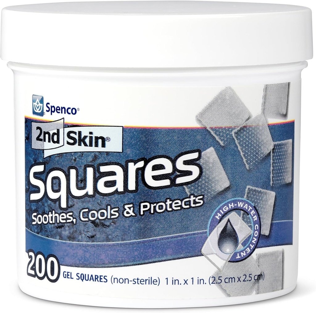 2nd Skin Dressing 1" Squares (200 Count) - Plaquettes pour pieds et corps - Patchs de soulagement de gel frais - Formule eau 95 % - Protection contre les chocs nonick - Premiers soins portables pour athlètes et randonneurs
