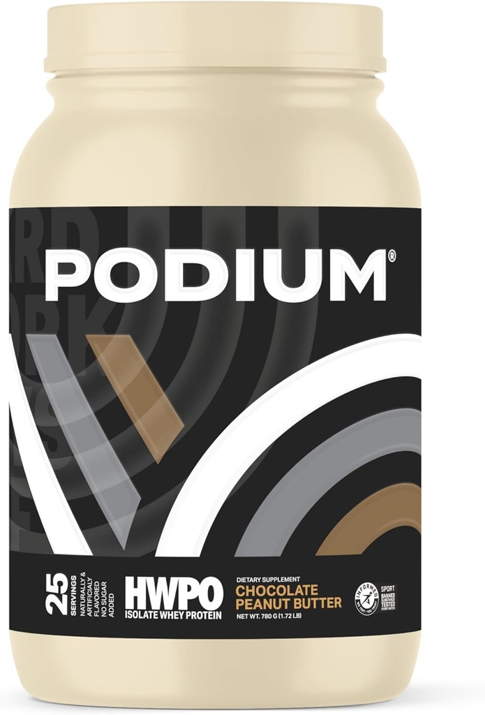 Podium Nutrition x HWPO Training Poudre de protéines de lactosérum, beurre d'arachide au chocolat, 20g de protéines par portion avec/enzymes digestives, isolat de protéines de lactosérum, sans gluten et sans soja, faible teneur en glucides et sucre, 25 portions