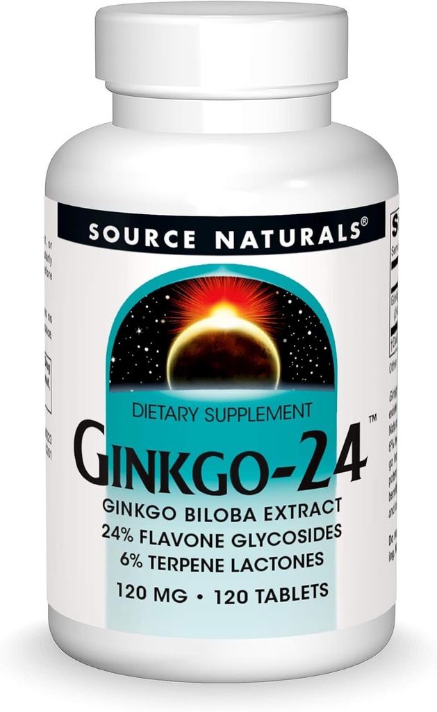 Source Naturals Ginkgo-24 - Extrait de Ginkgo Biloba 120 mg soutient l'acuité mentale - 120 comprimés